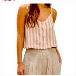 WEEKEND/LA Spaghetti Strap Striped Button Linen-Blend Tank Top LARGE Cream NWT